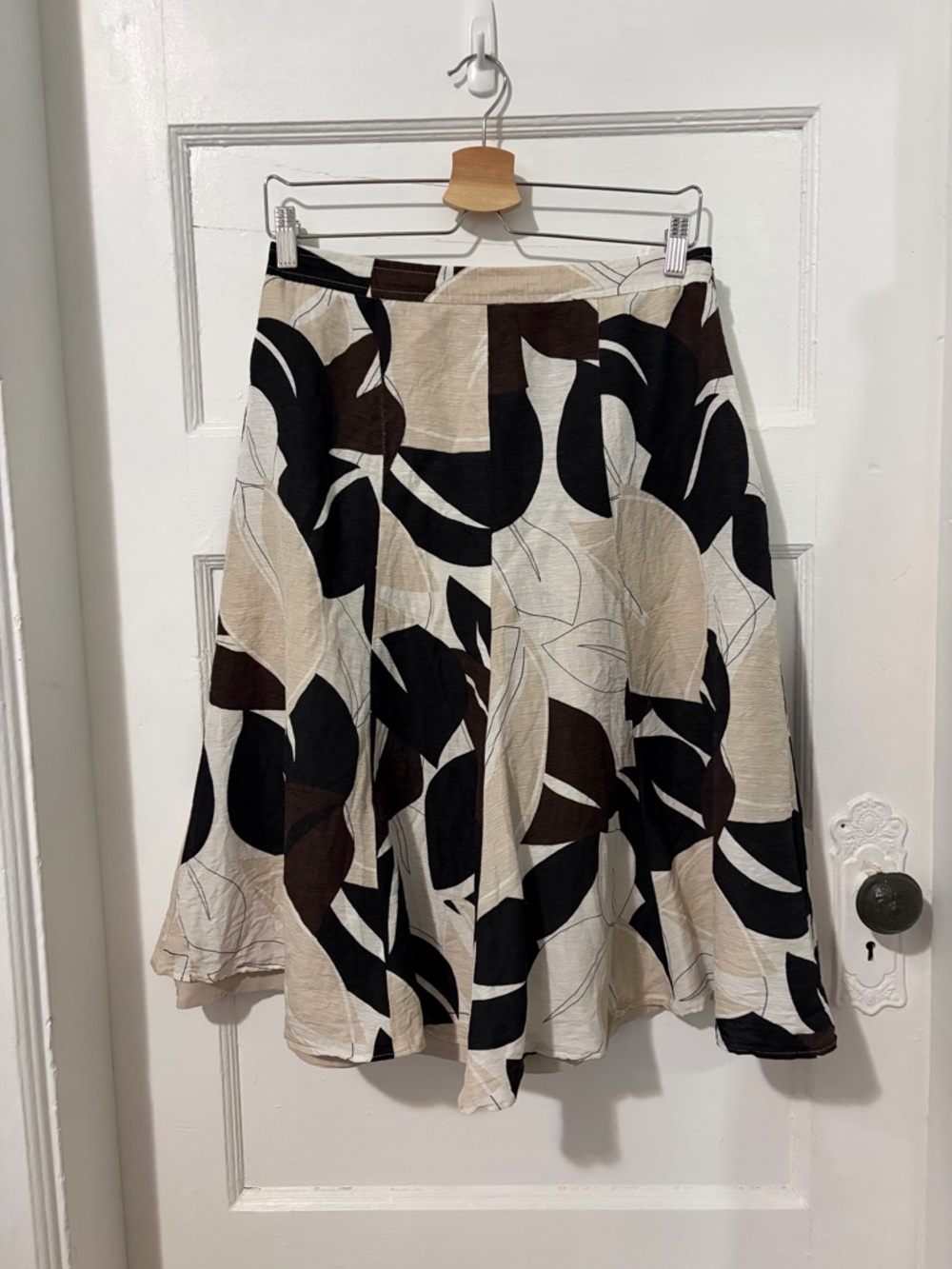 Abstract Leaf Print A-Line Skirt, silk-linen blend